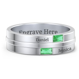 Men's Double Baguette Ring in 925 Sterling Silver with Emerald