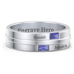 Men's Double Baguette Ring in 925 Sterling Silver with Blue Sapphire