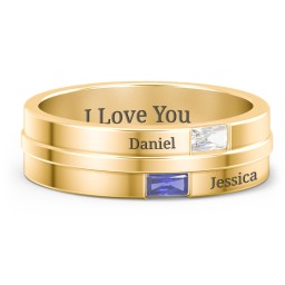 Men's Double Baguette Ring in 9K Solid Yellow Gold with Cubic Zirconia and Blue Sapphire