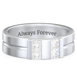 Men's Engravable 4 Stone Grooved Ring in 925 Sterling Silver with Diamond