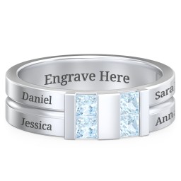 Men's Engravable 4 Stone Grooved Ring in 925 Sterling Silver with Aquamarine
