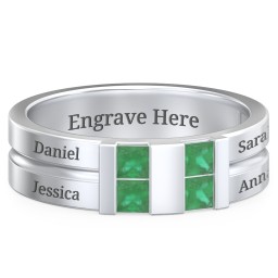 Men's Engravable 4 Stone Grooved Ring in 925 Sterling Silver with Emerald