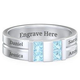 Men's Engravable 4 Stone Grooved Ring in 925 Sterling Silver with Blue Topaz