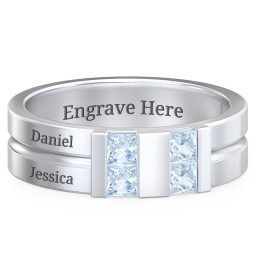Men's Engravable 4 Stone Grooved Ring in 925 Sterling Silver with Aquamarine