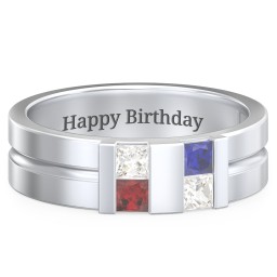 Men's Engravable 4 Stone Grooved Ring in 925 Sterling Silver with White Premium Zirconia, Garnet, Blue Sapphire, and Cubic Zirconia