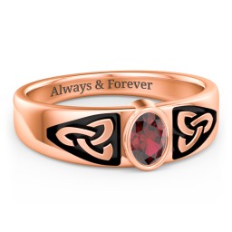 Men's Trinity Knot Ring With Oval Stone in 9K Solid Rose Gold with Garnet