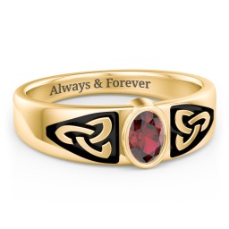 Men's Trinity Knot Ring With Oval Stone in 9K Solid Yellow Gold with Garnet
