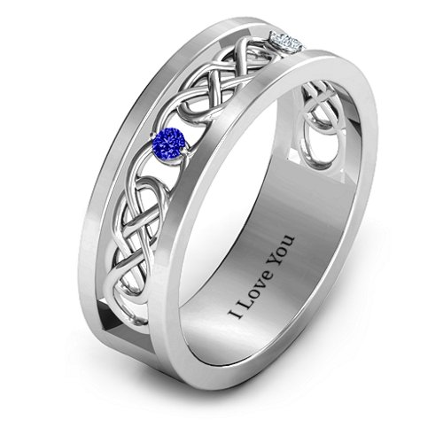 Men's Two-Stone Interwoven Infinity Band – Sterling Silver with Blue Sapphire and Cubic Zirconia