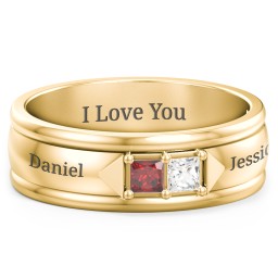 Men's Timeless Two Stone Ring in 9K Solid Yellow Gold with Garnet and Cubic Zirconia