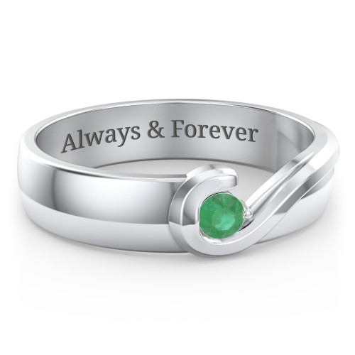 Men's Half Heart Ring with Birthstone – Sterling Silver with Emerald