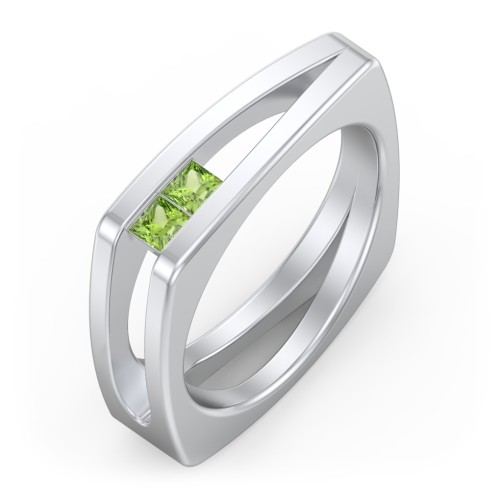 Men’s Squared Split Shank Ring with Princess Cut Gemstones – Sterling Silver with Peridot