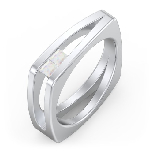 Men’s Squared Split Shank Ring with Princess Cut Gemstones – Sterling Silver with Opal