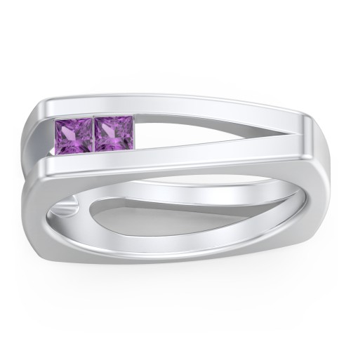 Men’s Squared Split Shank Ring with Princess Cut Gemstones – Sterling Silver with Amethyst