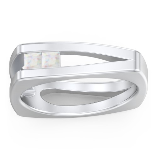 Men’s Squared Split Shank Ring with Princess Cut Gemstones – Sterling Silver with Opal