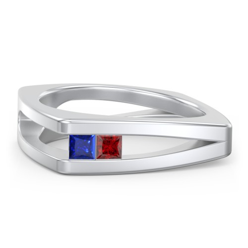 Men’s Squared Split Shank Ring with Princess Cut Gemstones – Sterling Silver with Blue Sapphire and Garnet