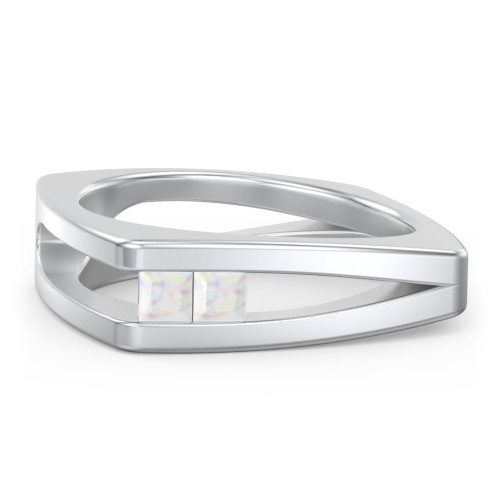 Men’s Squared Split Shank Ring with Princess Cut Gemstones – Sterling Silver with Opal