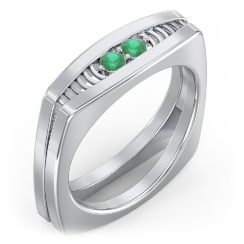 Men’s Squared Ring with Gemstones – Sterling Silver with Emerald