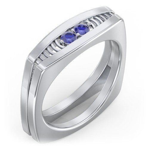 Men’s Squared Ring with Gemstones – Sterling Silver with Blue Sapphire