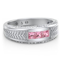 Men’s Wheat Pattern Fraternity Ring with Gemstones in 925 Sterling Silver with Pink Tourmaline