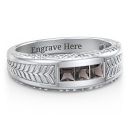 Men’s Wheat Pattern Ring with Princess Cut Gemstones in 925 Sterling Silver with Smokey Quartz