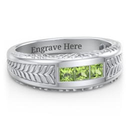 Men’s Wheat Pattern Ring with Princess Cut Gemstones in 925 Sterling Silver with Peridot