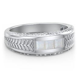 Men’s Wheat Pattern Ring with Princess Cut Gemstones in 925 Sterling Silver with Opal