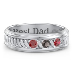 Men’s 3-Stone Ring with Twisted Rope Pattern in 925 Sterling Silver with Garnet and Smokey Quartz