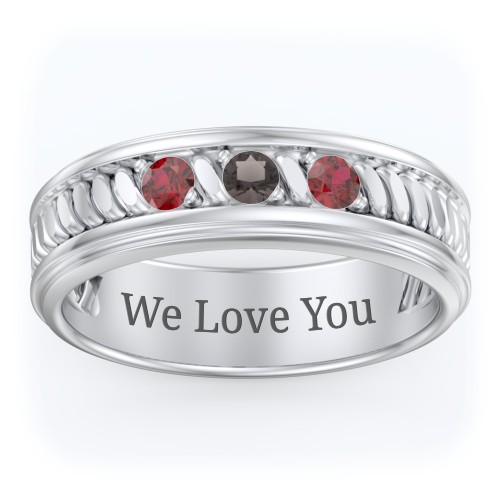 Men’s 3-Stone Ring with Twisted Rope Pattern – Sterling Silver with Garnet and Smokey Quartz