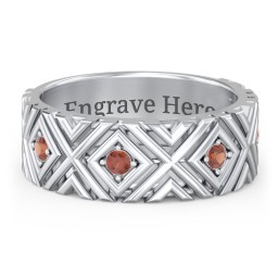Men’s Grooved Geometric Birthstone Ring in 925 Sterling Silver with Garnet, Cubic Zirconia, and Ruby