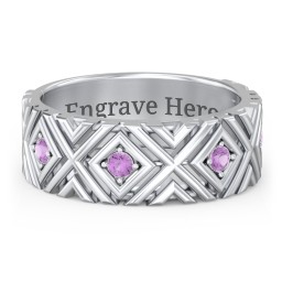 Men’s Grooved Geometric Birthstone Ring in 925 Sterling Silver with Amethyst, Cubic Zirconia, and Ruby