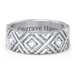 Men’s Grooved Geometric Birthstone Ring in 925 Sterling Silver with Aquamarine, Cubic Zirconia, and Ruby