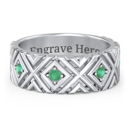 Men’s Grooved Geometric Birthstone Ring in 925 Sterling Silver with Emerald, Cubic Zirconia, and Ruby