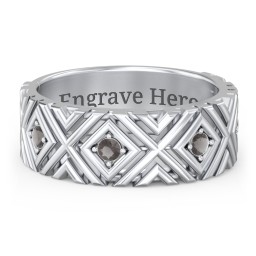 Men’s Grooved Geometric Birthstone Ring in 925 Sterling Silver with Smokey Quartz, Cubic Zirconia, and Ruby