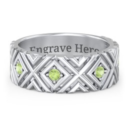 Men’s Grooved Geometric Birthstone Ring in 925 Sterling Silver with Peridot, Cubic Zirconia, and Ruby