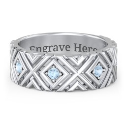Men’s Grooved Geometric Birthstone Ring in 925 Sterling Silver with Blue Topaz, Cubic Zirconia, and Ruby
