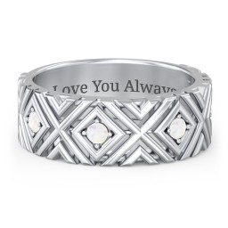 Men’s Grooved Geometric Birthstone Ring in 925 Sterling Silver with Opal, Cubic Zirconia, and Ruby