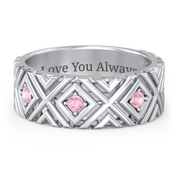 Men’s Grooved Geometric Birthstone Ring in 925 Sterling Silver with Pink Tourmaline, Cubic Zirconia, and Ruby