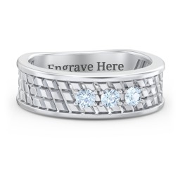 Men’s Diagonal Groove 3-Stone Family Ring in 925 Sterling Silver with Aquamarine