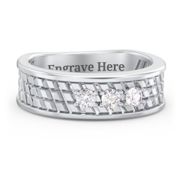 Men’s Diagonal Groove 3-Stone Family Ring in 925 Sterling Silver