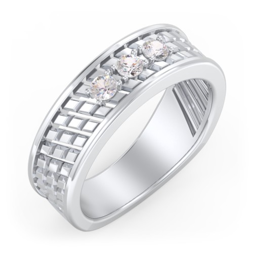 Men’s Diagonal Groove 3-Stone Family Ring – Sterling Silver with Cubic Zirconia