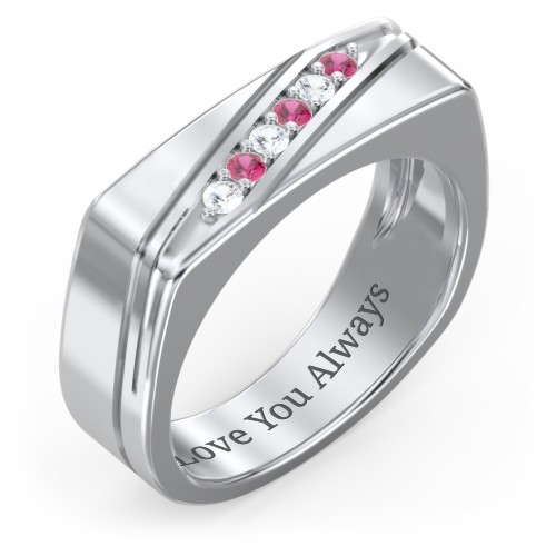 Men’s Flat Top Family Ring with Gemstones – Sterling Silver with Cubic Zirconia and Ruby