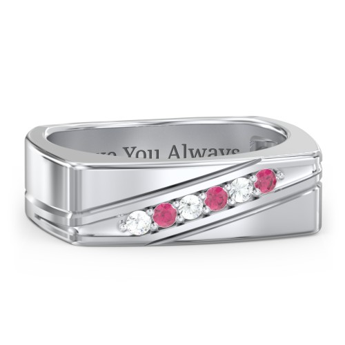 Men’s Flat Top Family Ring with Gemstones – Sterling Silver with Cubic Zirconia and Ruby