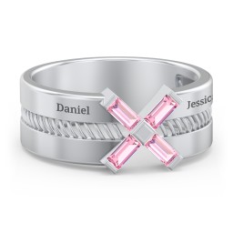 Men’s Engravable “X” Family Ring with Baguette Gemstones