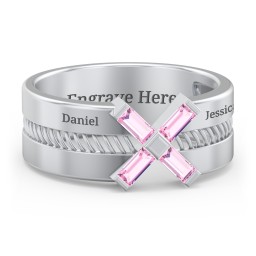 Men’s Engravable “X” Family Ring with Baguette Gemstones