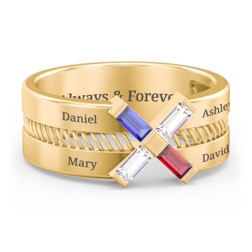 Men’s Engravable “X” Family Ring with Baguette Gemstones