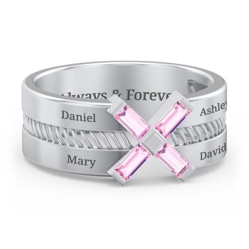 Men’s Engravable “X” Family Ring with Baguette Gemstones