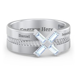 Men’s Engravable “X” Family Ring with Baguette Gemstones in 925 Sterling Silver with Aquamarine
