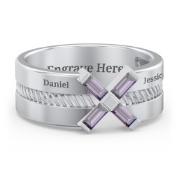 Men’s Engravable “X” Family Ring with Baguette Gemstones in 925 Sterling Silver with Alexandrite