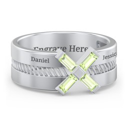 Men’s Engravable “X” Family Ring with Baguette Gemstones in 925 Sterling Silver with Peridot