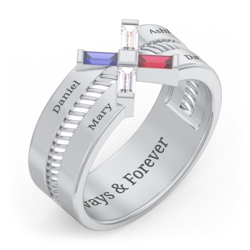 Men’s Engravable “X” Family Ring with Baguette Gemstones – Sterling Silver with Blue Sapphire, Cubic Zirconia, and Garnet